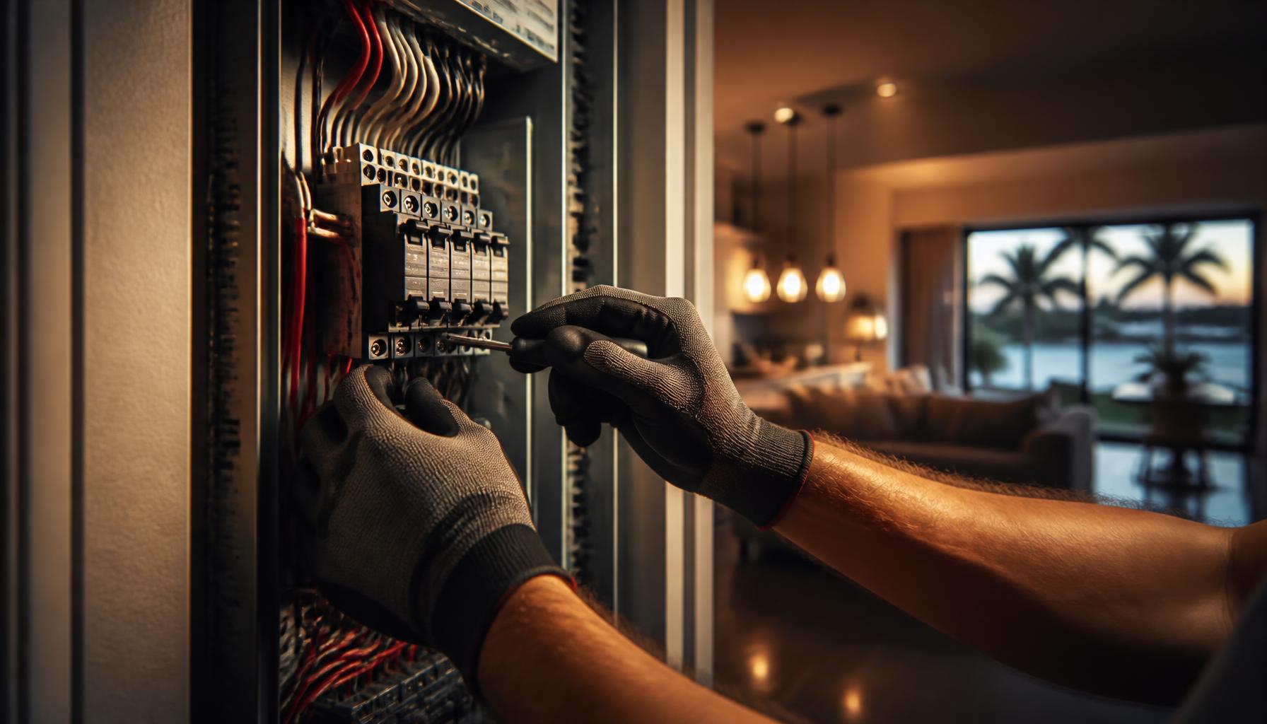 Licensed electrician working on a modern electrical panel in a Brandon, FL home