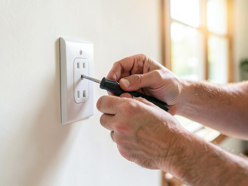 Burn marks around an outlet indicating an electrical emergency